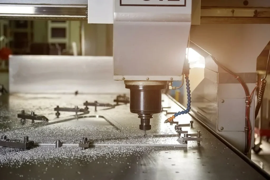 CNC frézka řeže kov a při přesném obrábění vytváří třísky pro analýzu nákladů.