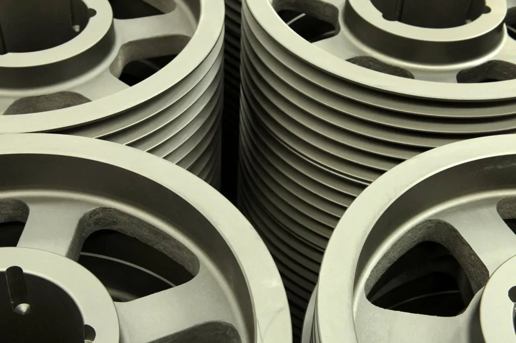Die gestapelten Metallrollen haben eine gleichmäßige, perlgestrahlte Oberfläche für verbesserte Haltbarkeit.