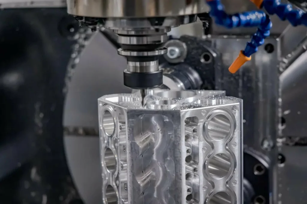 CNC vrták tvarující kovový blok s obráběcími třískami, vysoce přesné řezání, je příkladem výroby prvků řízené GD&T při obrábění kovů.