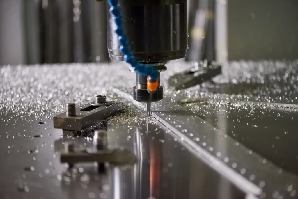 CNC milling machine cutting a metal workpiece, used in manufacturing to create precise features and surfaces on metal components.