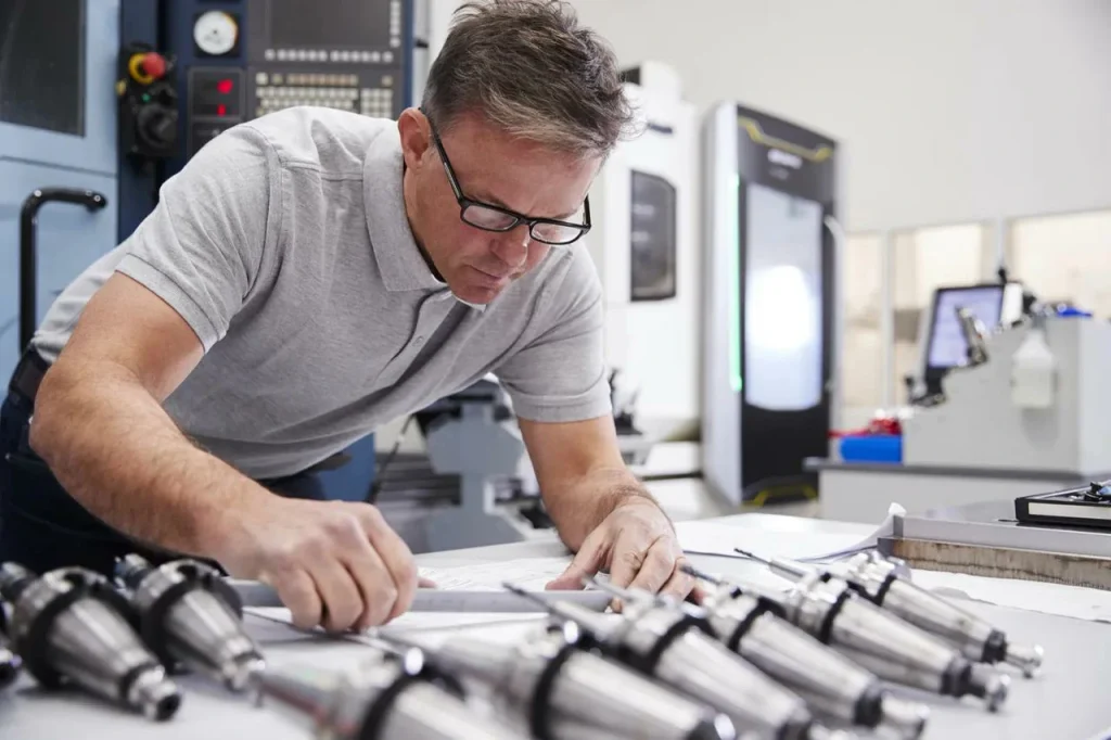 A manufacturing engineer reviewing technical drawings alongside finished tooling post-vibratory finishing for quality validation.