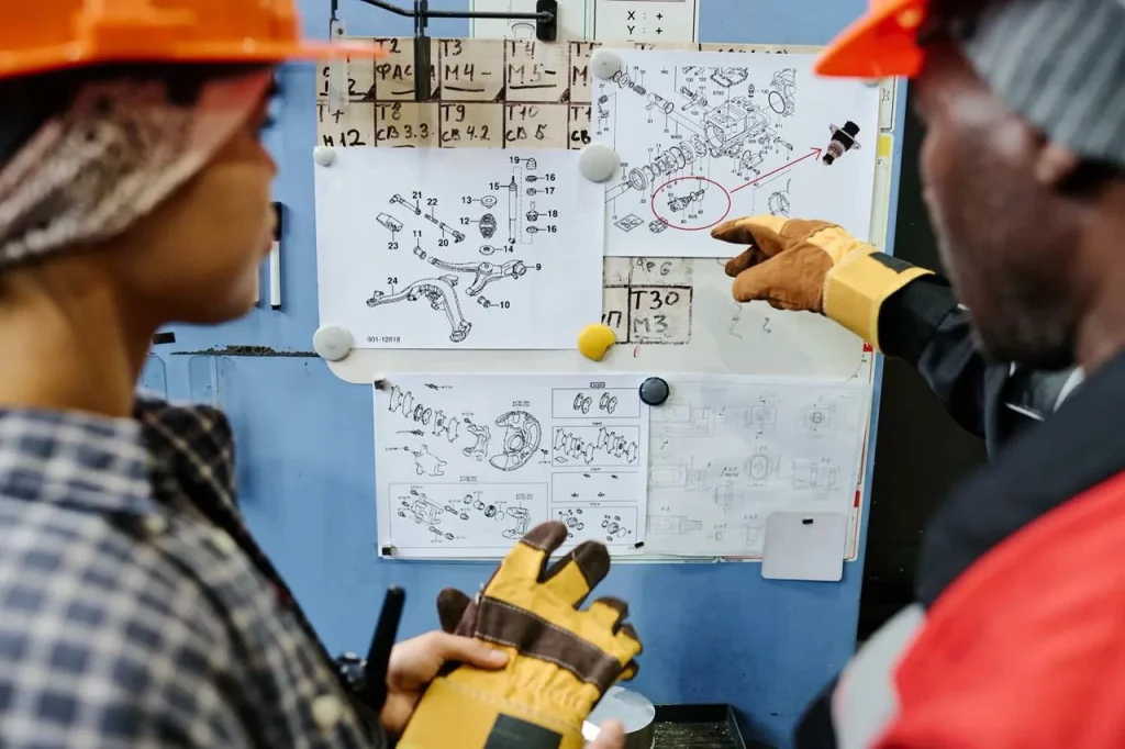 Die Arbeiter prüfen die Pläne für das CNC-Tieflochbohren, um präzise Bearbeitungsvorgänge zu planen.