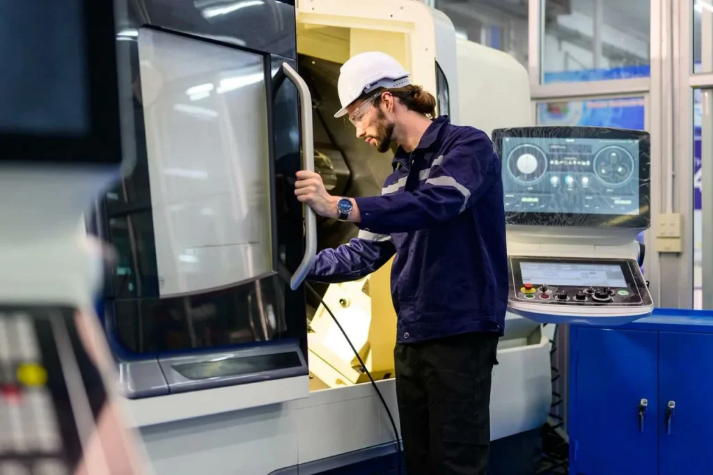 Un técnico maneja una máquina CNC, preparándose para la eliminación posterior de rebabas en piezas acabadas.