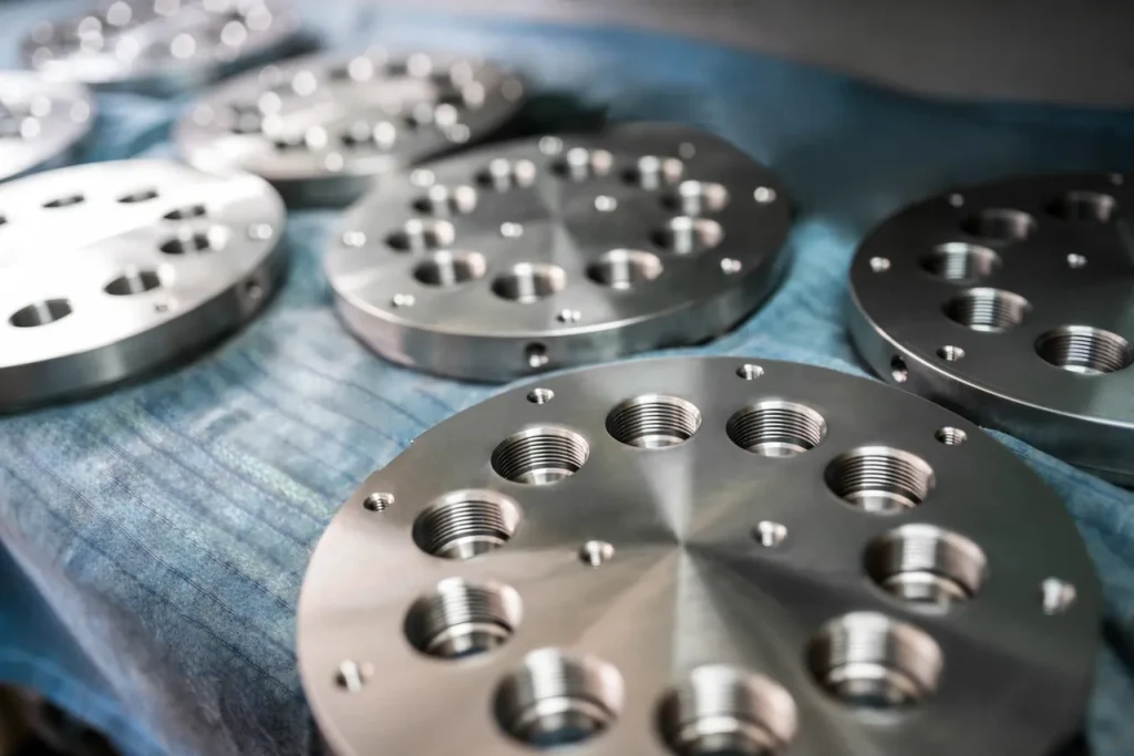 Bridas metálicas mecanizadas por CNC, que muestran las ventajas de la producción de piezas personalizadas por CNC frente al moldeo por inyección de gran volumen.