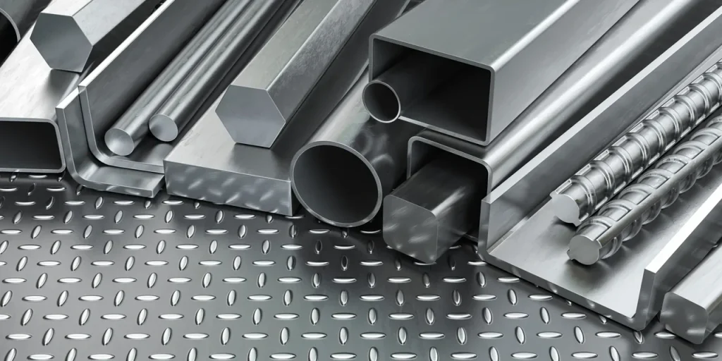 Verschiedene Metallprofile, die Materialoptionen wie Titan und rostfreien Stahl zeigen.