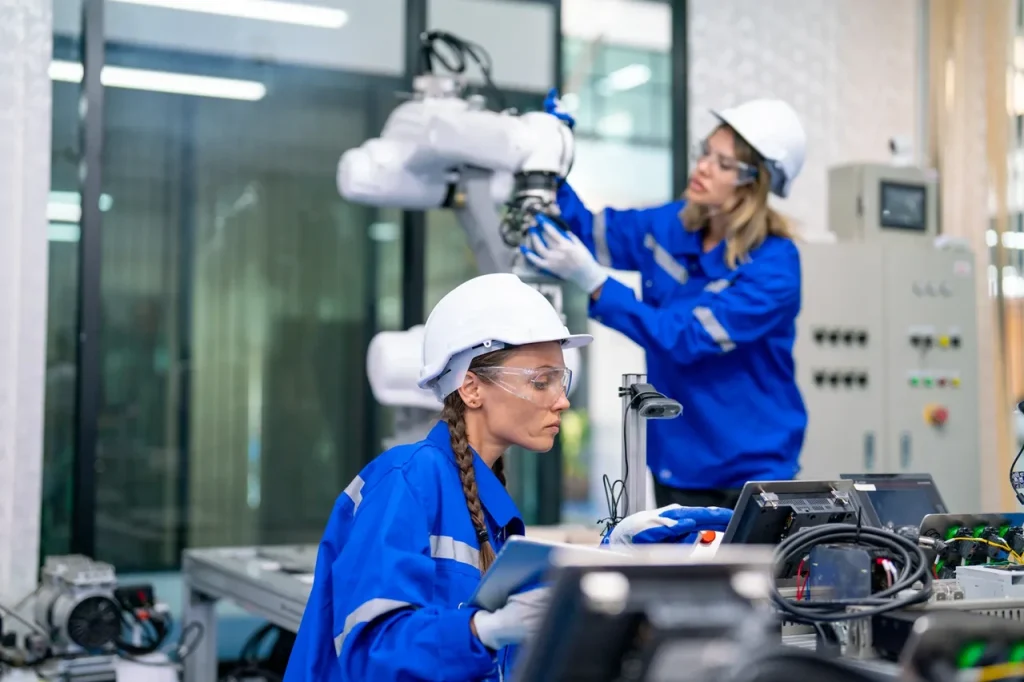 Due tecnici donna in uniforme blu lavorano su un braccio robotico in un'officina CNC, dimostrando operazioni di produzione avanzate.