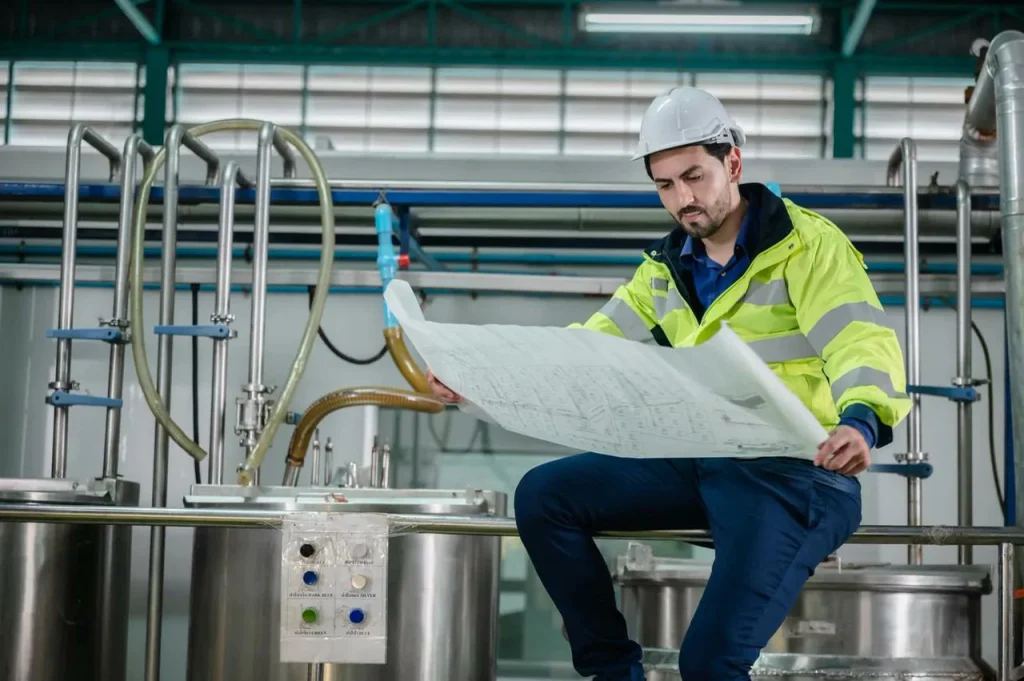 Un ingeniero revisa planos de tuberías industriales y planifica la eliminación de rebabas para que el fluido fluya sin problemas.