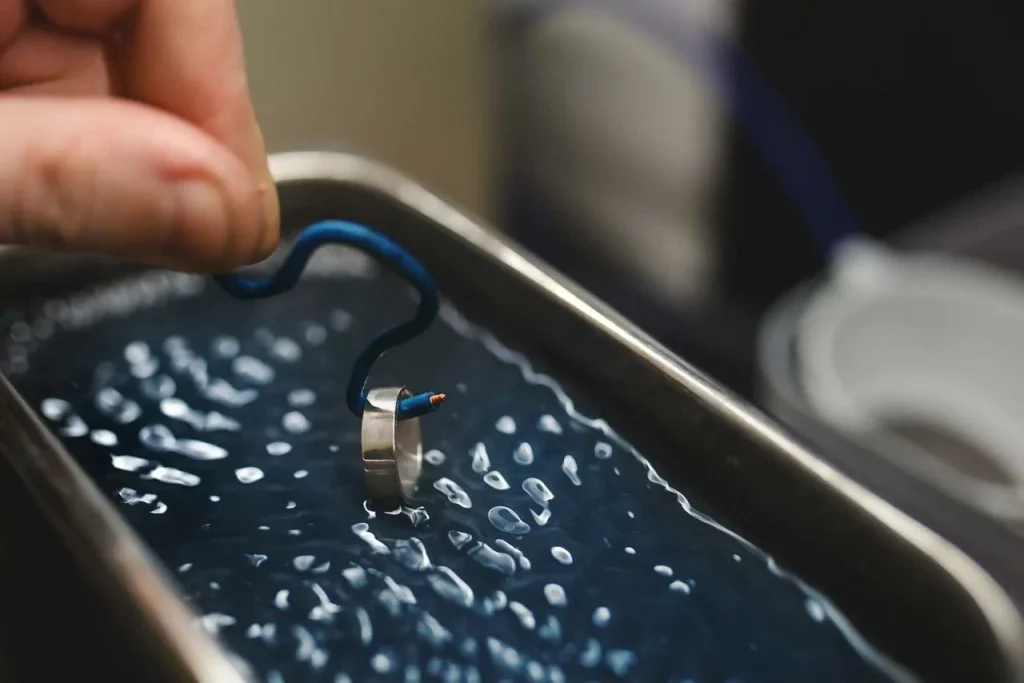 Für die professionelle Edelmetallbeschichtung wird ein kleiner Metallring in einen Elektrolyten getaucht.