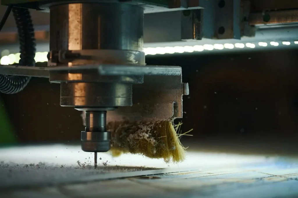 Una fresadora CNC corta una pieza, generando rebabas finas que exigen técnicas de eliminación eficaces.