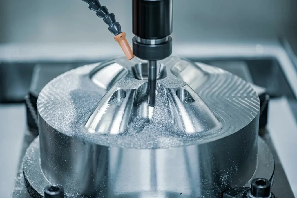 Primer plano de una herramienta CNC cortando metal con virutas volando mostrando el proceso de mecanizado de precisión en una fábrica.