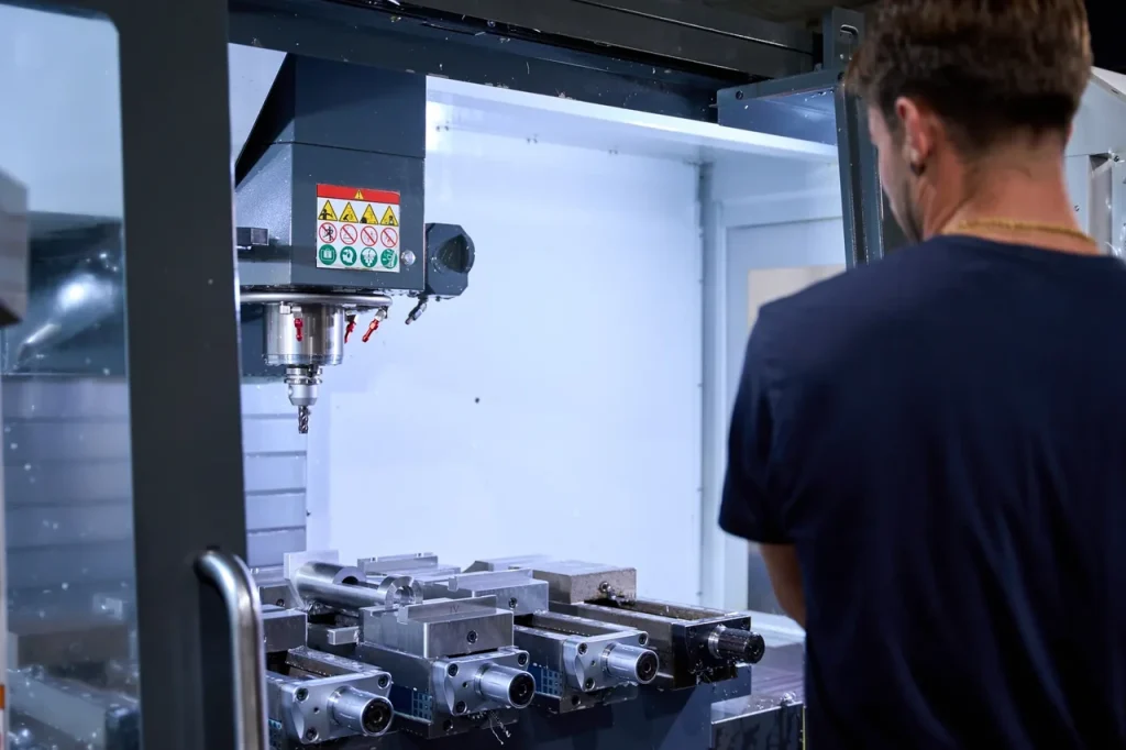 Fresadora vertical CNC industrial (VMC) con un maquinista supervisando la producción, junto a una tabla comparativa detallada de fresadoras verticales, fresadoras horizontales y VMC.