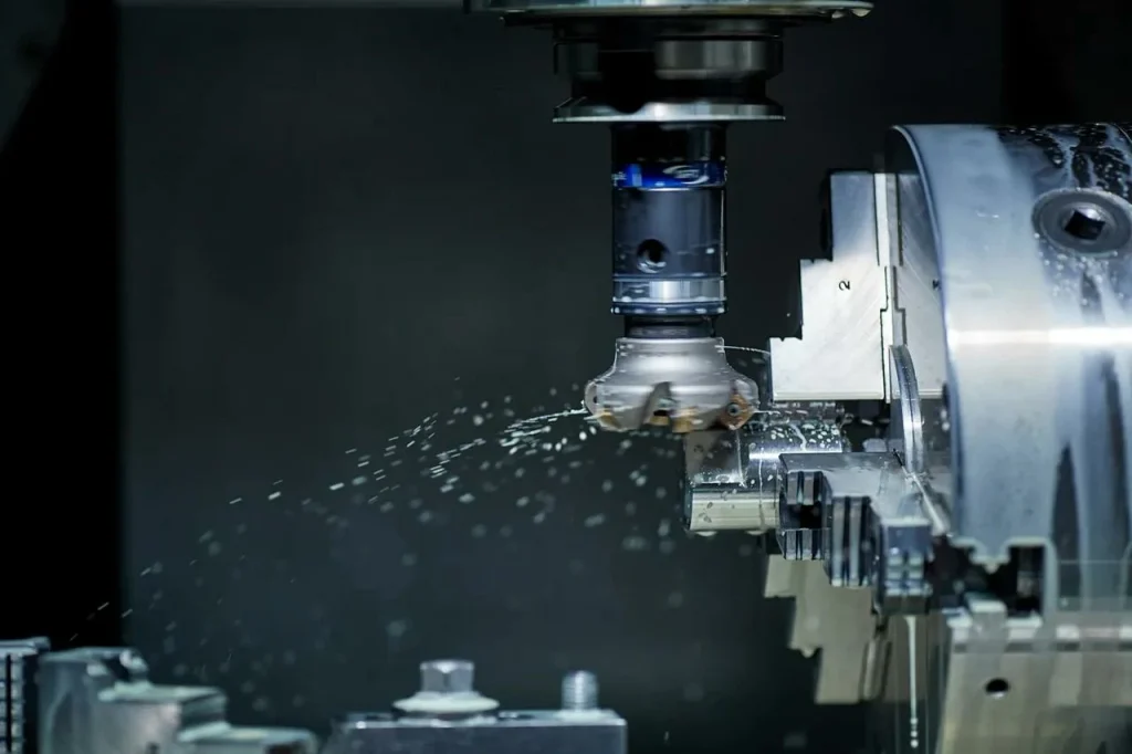 Ein CNC-Werkzeug schneidet ein Aluminiumgussbauteil mit Kühlmittelfluss.