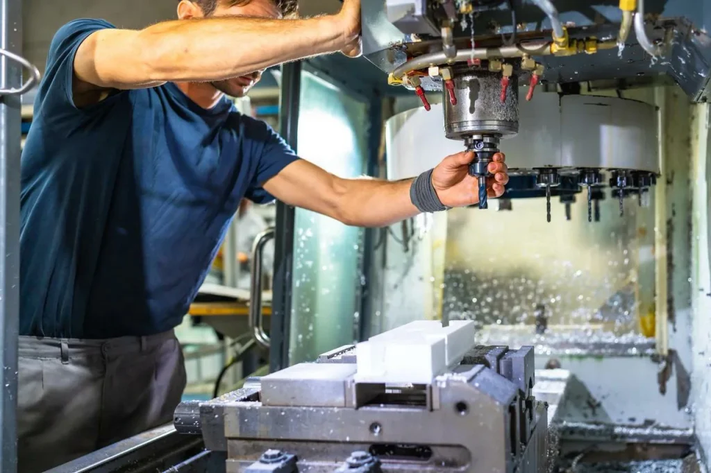 A technician changes a CNC tool for countersink vs counterbore operations.