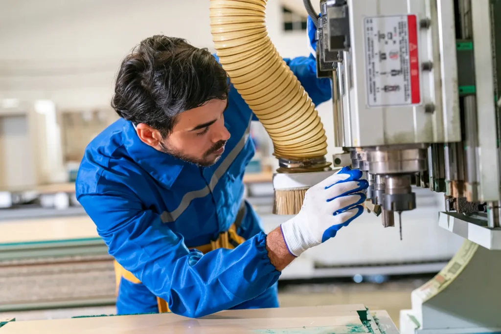 Technik regulujący obrabiarkę CNC podczas konfiguracji w czystym, nowoczesnym warsztacie przemysłowym.