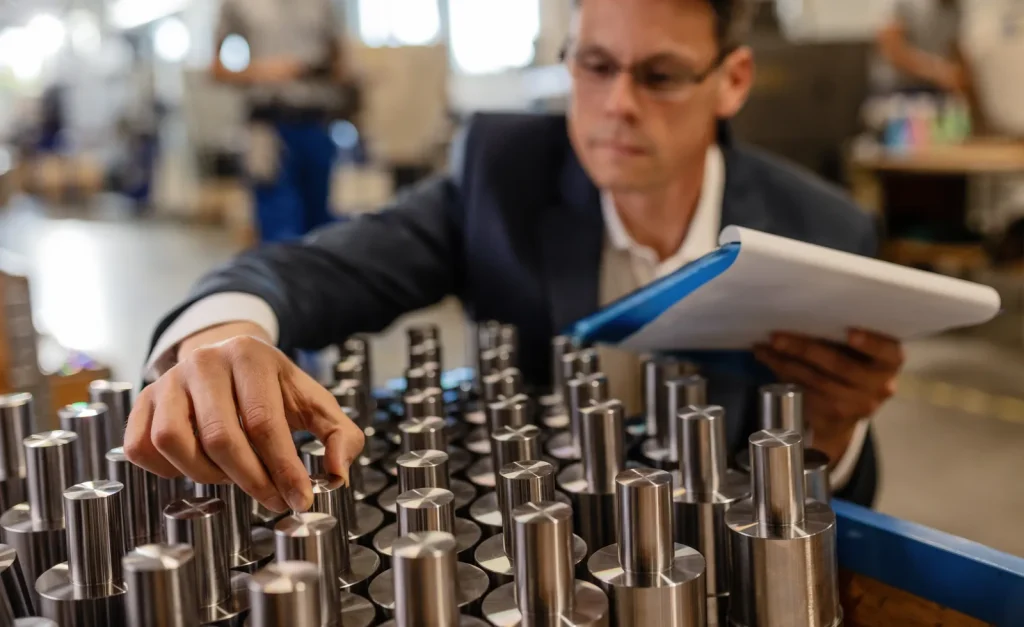 Qualitätsprüfer, der bearbeitete Metallstifte prüft und Titan- und Wolframteile auf Maßhaltigkeit und Haltbarkeit vergleicht.