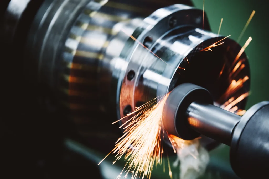 Hochpräzises Metallteil, das mit Schleiffunken bearbeitet wird, wobei die langlebigen Teile hervorgehoben werden, die für ihre strukturelle Integrität auf hochwertige Schraubverbindungen angewiesen sind.