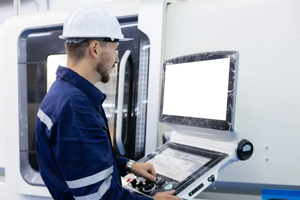 Operator fabryki w odzieży ochronnej programujący maszynę CNC za pomocą panelu sterowania.