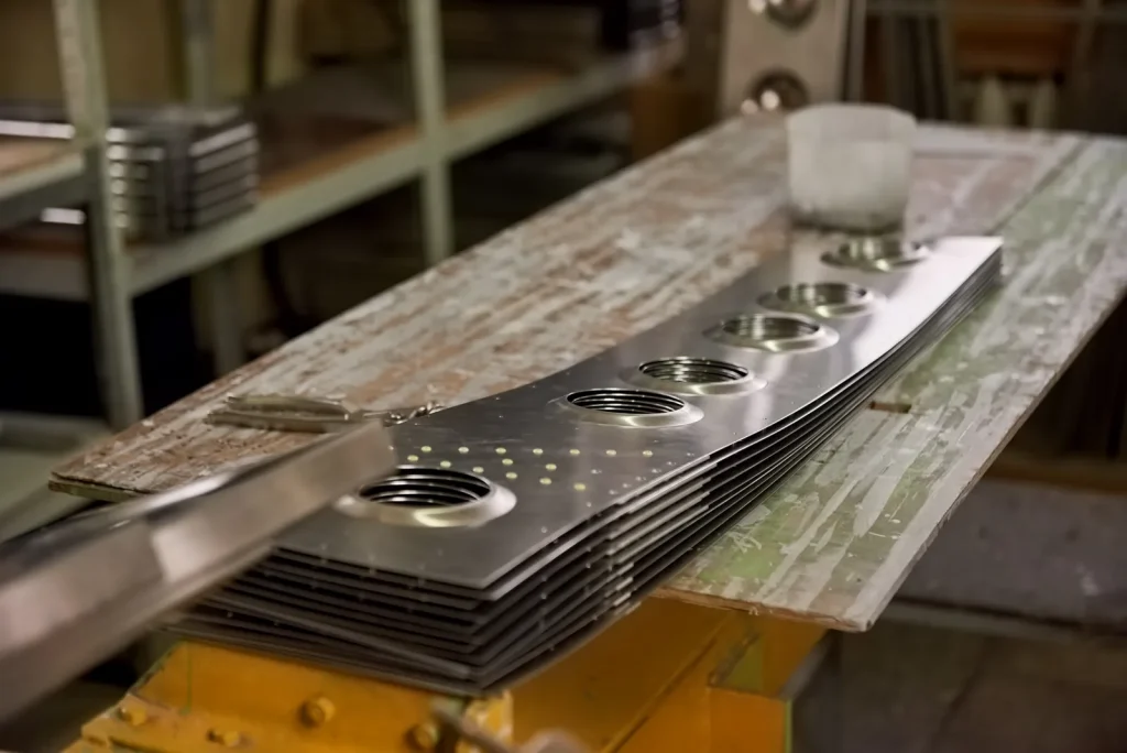 Panneaux en acier inoxydable estampés, finis et empilés, comportant des trous de fixation circulaires pré-emboutis, posés sur un établi en bois d'atelier.
