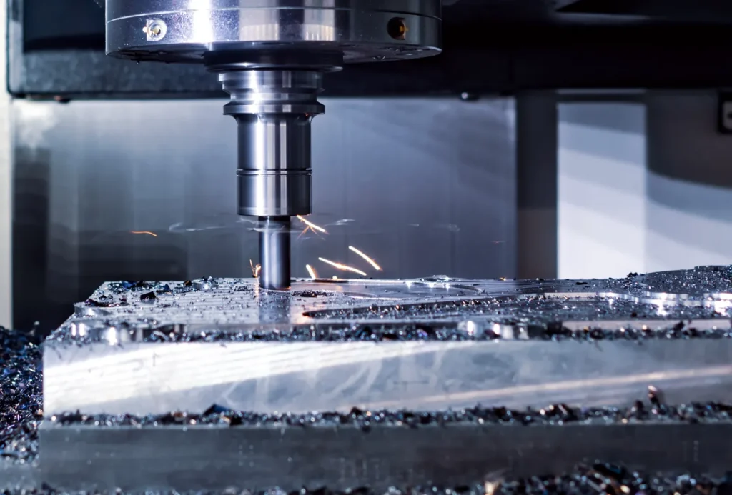 Utensile di fresatura CNC che lavora un pezzo in acciaio inossidabile, generando scintille