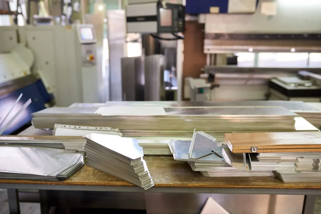 Stacks of finished metal parts await further processing in a stamping factory.