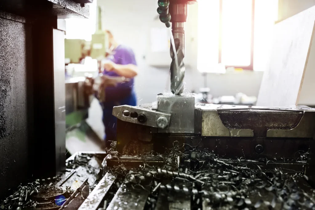 Une mèche découpe un bloc de métal massif sur une fraiseuse à commande numérique ; le liquide de refroidissement s'écoule tandis que les copeaux de métal s'accumulent pendant l'opération d'usinage de précision à commande numérique.