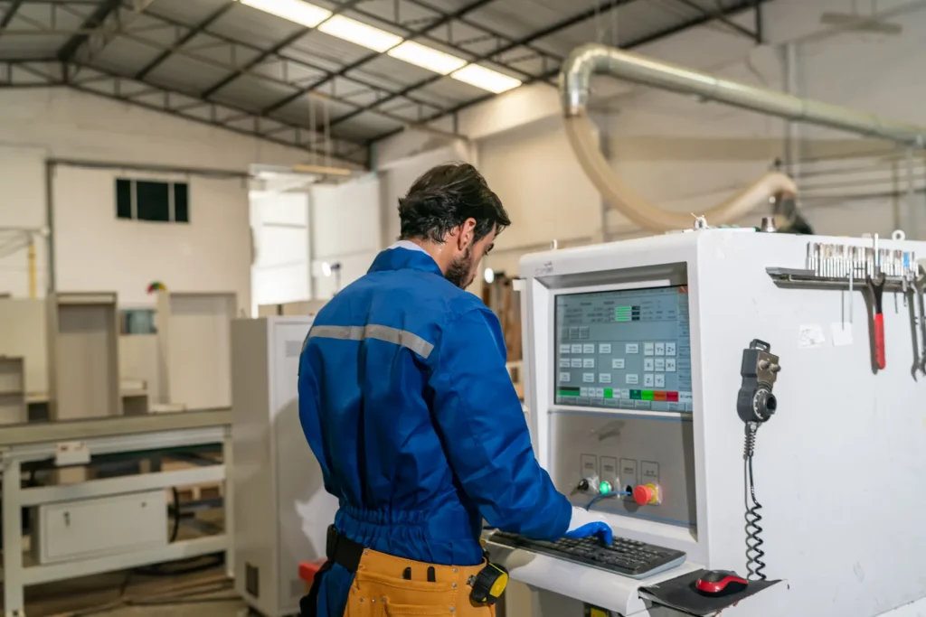 Technician programming a CNC machine to control precision parameters for desired surface finishes.